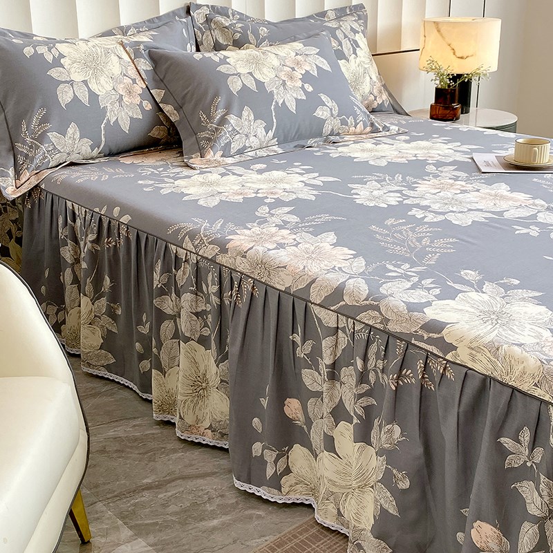 全棉磨毛床裙单件100纯棉床罩床垫保护套加厚花边防滑床单三件套3