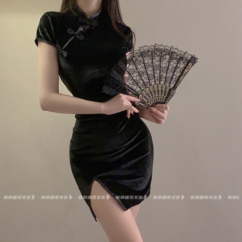 姐姐教你性感露熊高领开叉收腰旗袍黑色镂空制服御姐连衣裙女