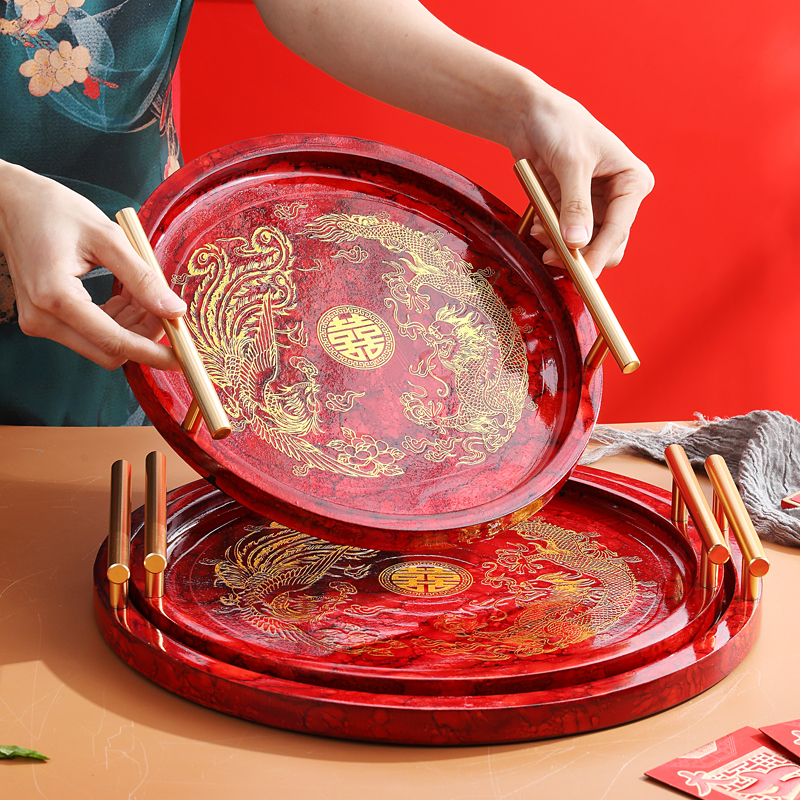龙凤结婚茶盘长方形木质盘子圆形果盘客厅家用敬茶杯红色托盘喜庆