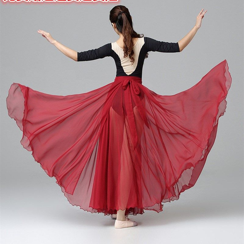 一片式古典舞蹈裙大摆长裙酒红色绑带演出服中国舞飘逸纱裙720度