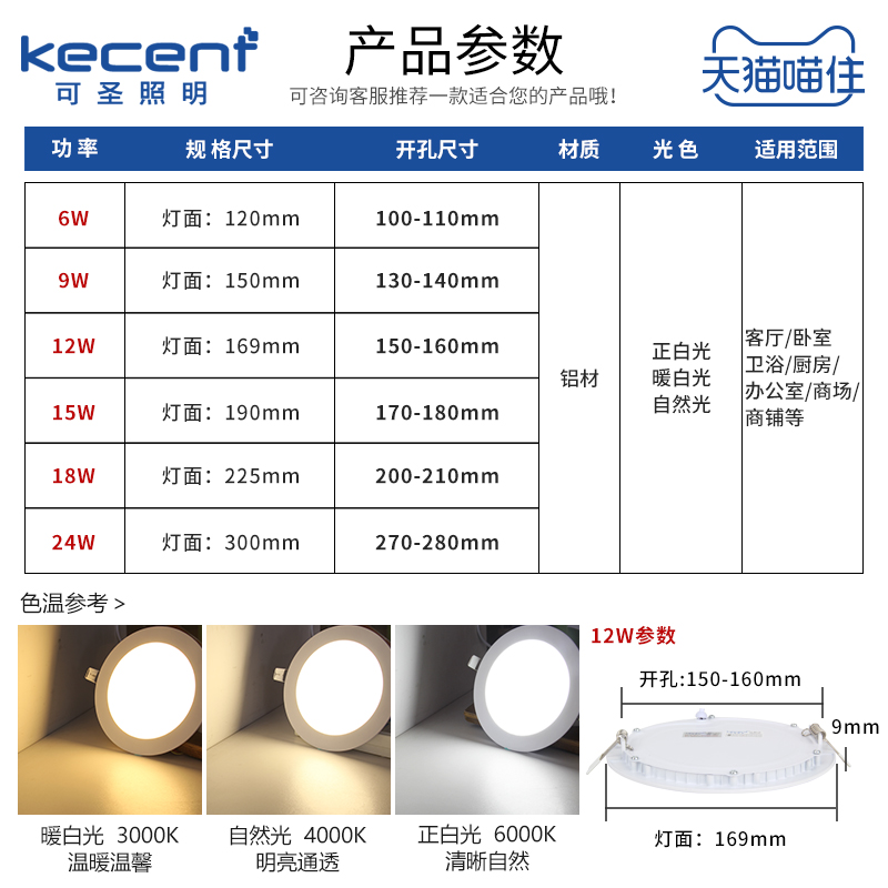led超薄筒灯方形面板灯格栅嵌入式6寸12w开孔10 13 15 17 20公分