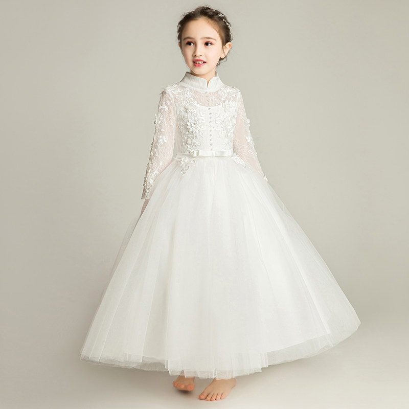 儿童小礼服女宝公主高贵婚纱裙女童花童钢琴表演礼裙长袖白色洋气