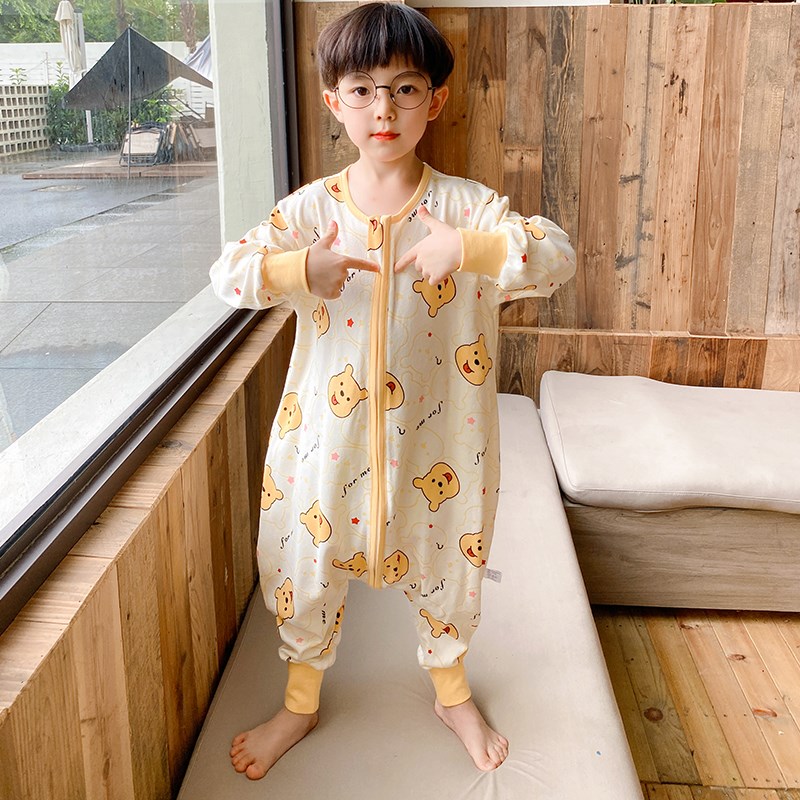 儿童连体睡衣纯棉防着凉春秋宝宝秋季男童连身睡袋防踢被分腿四季