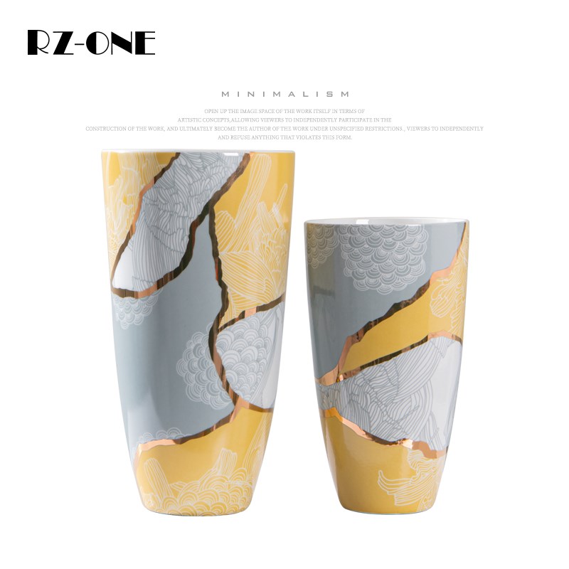 Rzone 现代轻奢陶瓷金黄色花瓶插花干大口径花器花盆玄关软装饰品