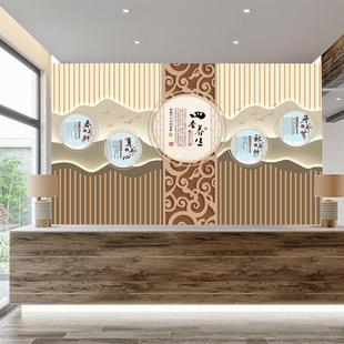中医养生馆壁纸意境山水花鸟前台背景墙正骨足疗店墙纸 轻奢新中式