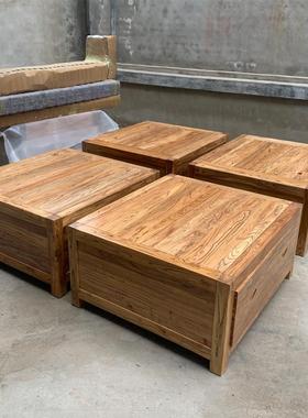全实木落地榻榻米床纯老榆木家具箱体储物高箱床双人床沙发床定制