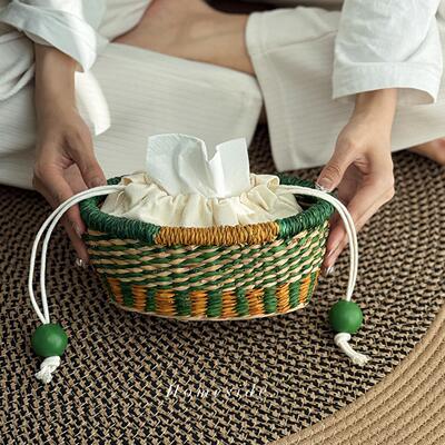 Homeside草编纸巾盒天然海草编织彩色桌面抽取式卫生纸收纳篮筐可