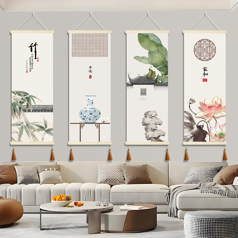 中式挂画客厅进门装饰画玄关挂画中国风古典竹节青花瓷书房壁画图片