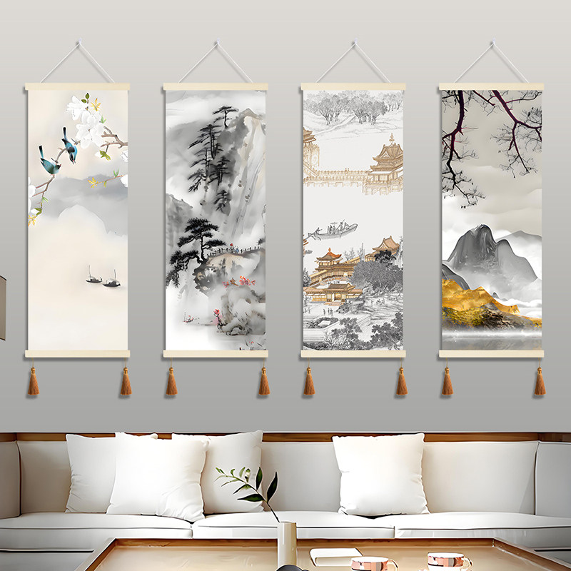 花鸟山水装饰画玄关书房吊挂画禅意古典简约客厅茶室过道实木壁画