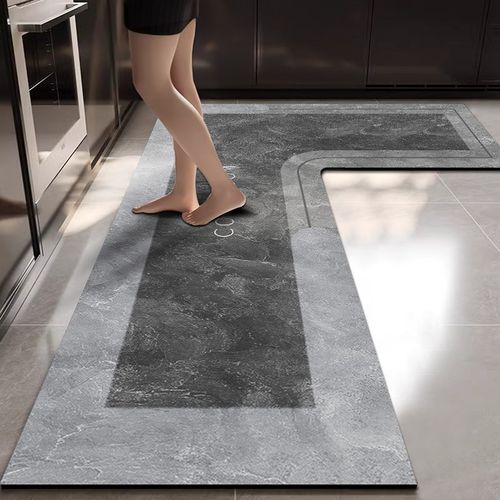 大理石纹L形厨房硅藻泥软垫x吸水吸油可擦免洗地毯高级感耐脏防摔