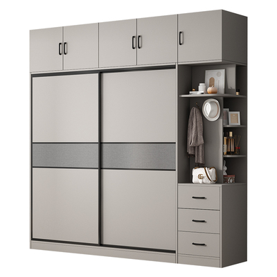 推拉门衣柜家用卧室m柜子实木生态板滑移门衣柜奶油灰趟门衣橱定