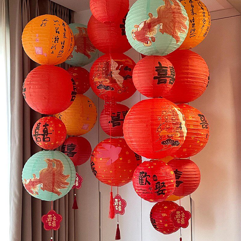 吾家婚品结婚喜字灯笼瀑布u挂饰男女方婚房氛围感布置晨拍拍摄道
