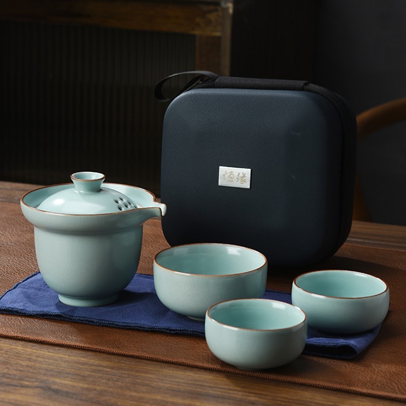 恒缘汝窑快客杯便携包旅行v功夫茶具套装开片汝瓷随身泡大号手抓