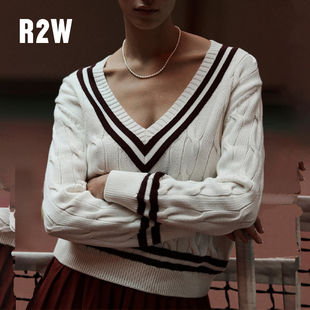 宽松慵懒百搭上衣线衫 R2W学院风撞色V领绞花针织衫 女秋冬美式
