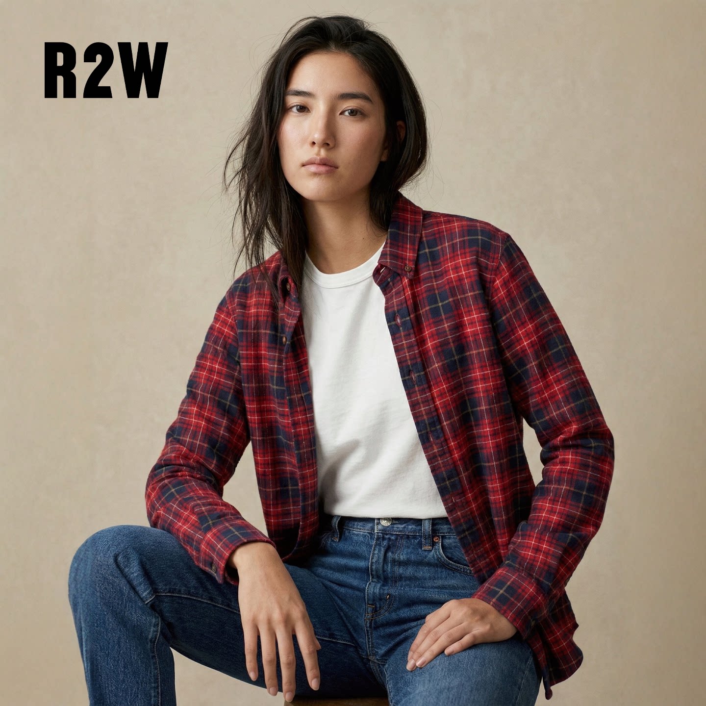 R2W美式经典法兰绒格子衬衫女春秋红色格纹长袖衬衣宽松休闲上衣