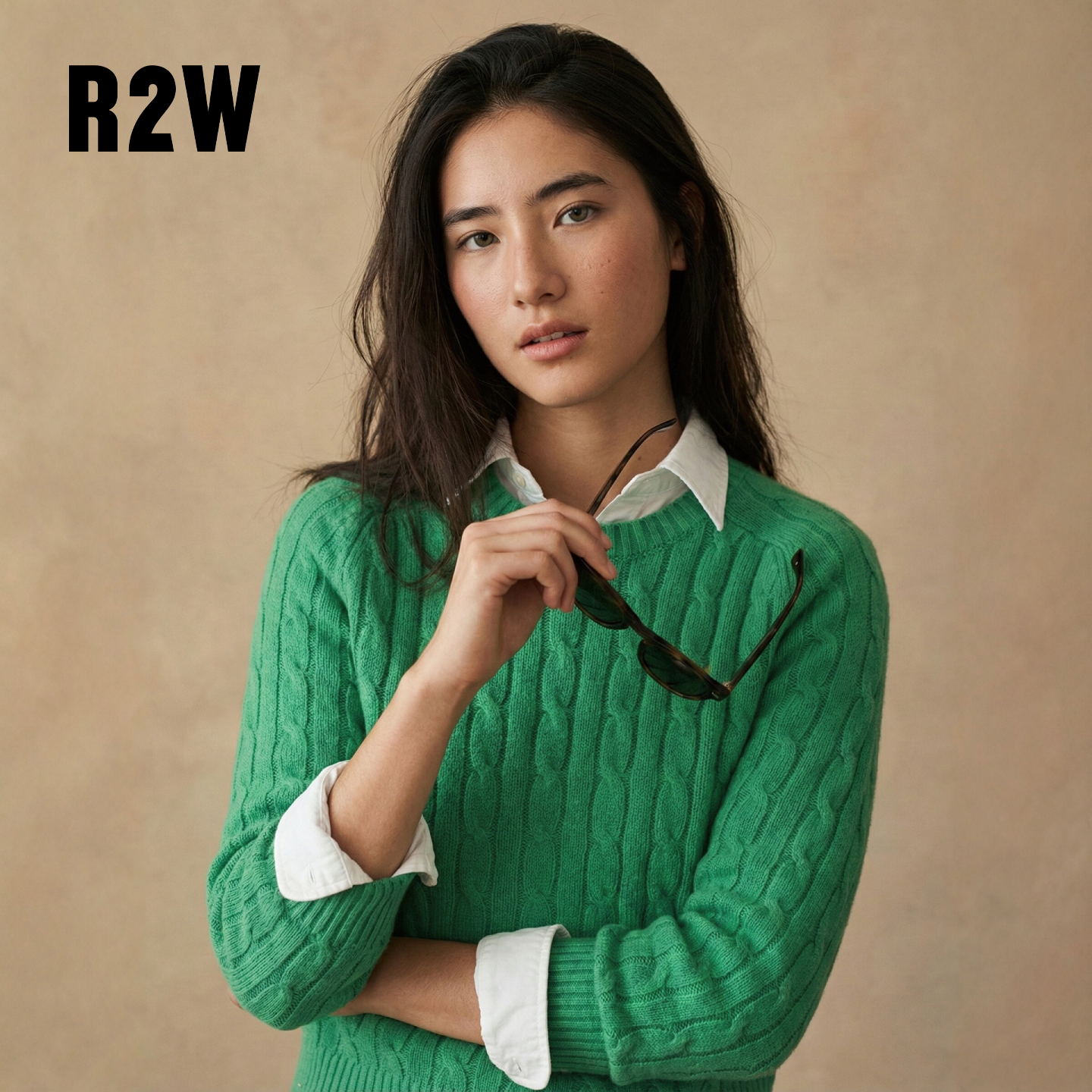 R2W美式复古绞花羊毛衫女秋冬麻花毛衣套头宽松圆领针织上衣