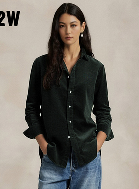 R2W美式复古墨绿色灯芯绒衬衫女秋冬宽松长袖衬衣翻领上衣外套