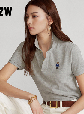 R2W小熊刺绣灰色polo衫短袖t恤女夏季纯棉微宽松针织藏青色上衣