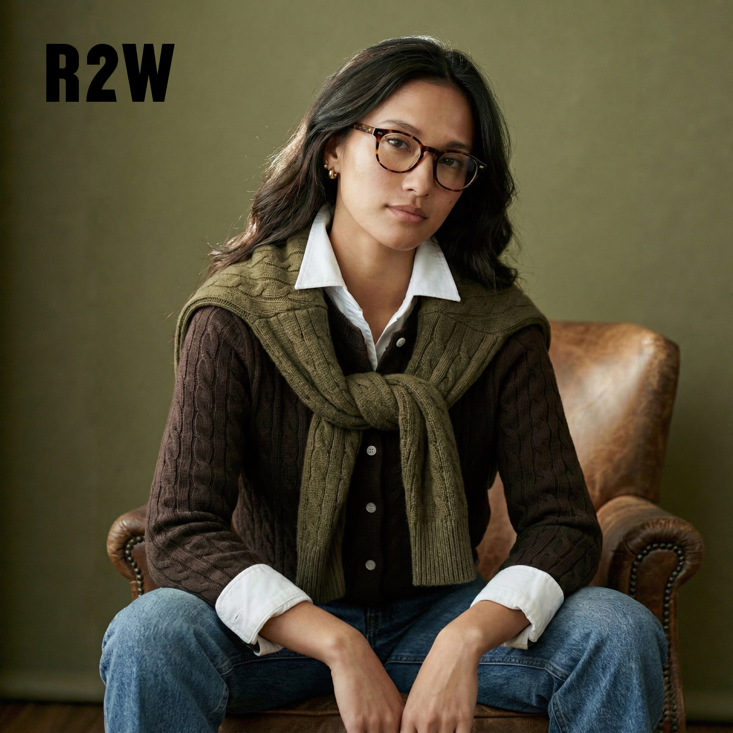 R2W美式老钱风纯棉线绞花针织衫开衫女秋季修身短款上衣麻花毛衣