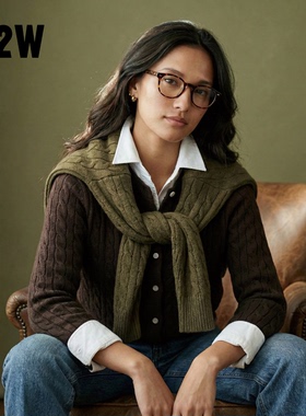 R2W美式老钱风纯棉线绞花针织衫开衫女秋季修身短款上衣麻花毛衣