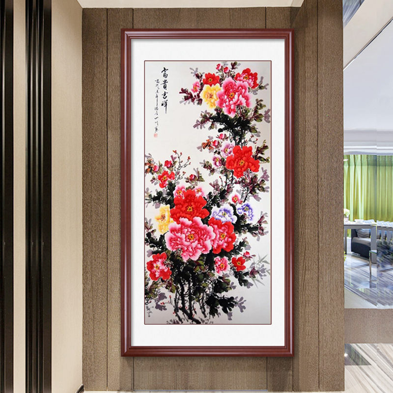 新中式玄关装饰画牡丹花挂画入户正对门壁画客厅花开富贵国画手绘图片