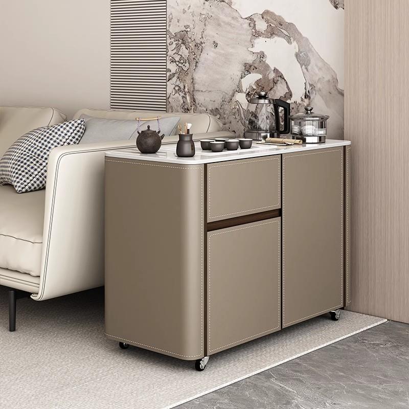 需定制移动茶台小型茶水柜家用沙发边柜现代简约马鞍皮岩板茶桌阳