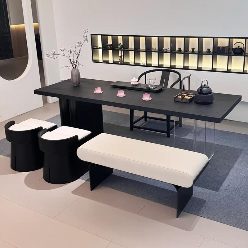 需定制新中式实木高级感炭黑色茶桌高端黑胡桃木办公室茶室亚克力