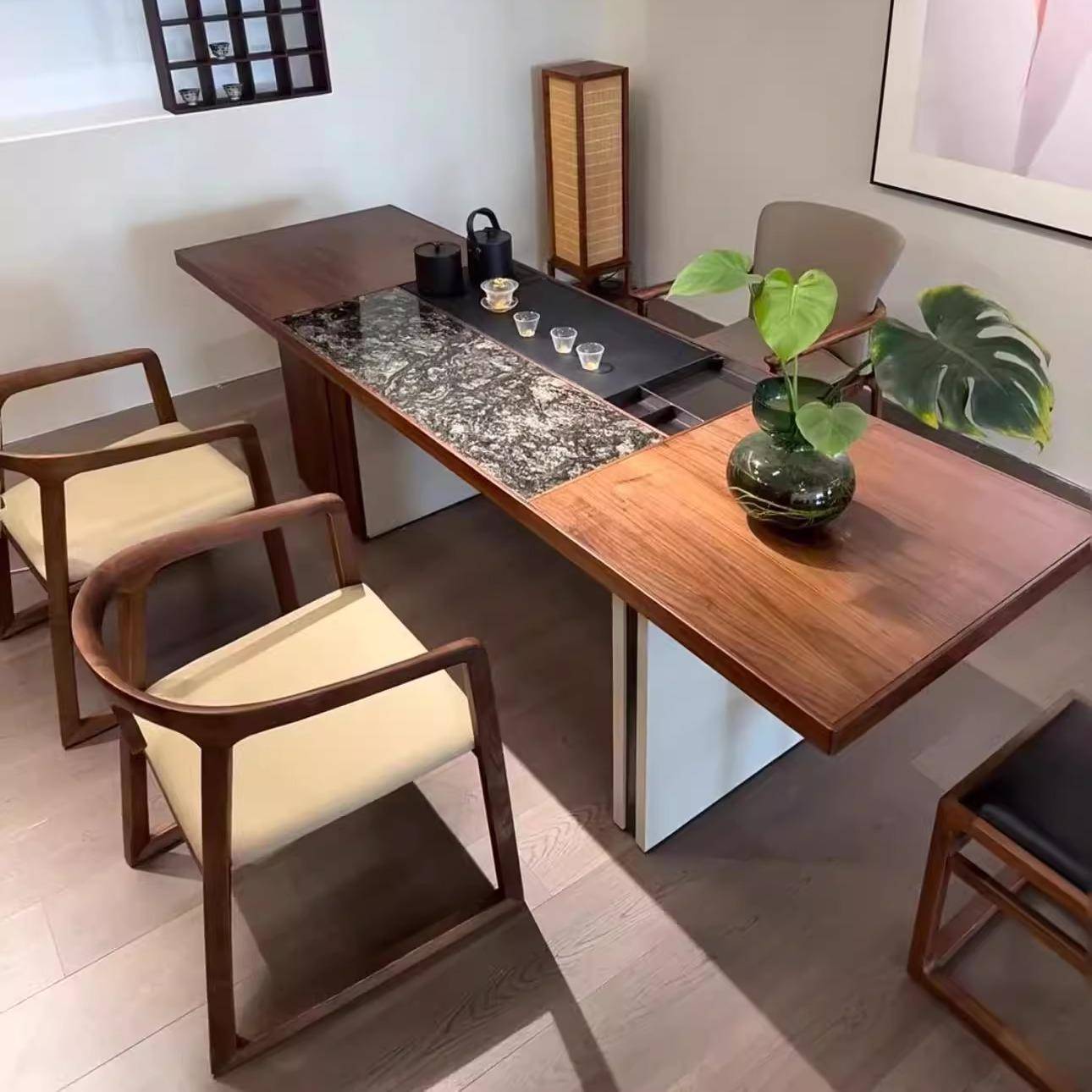 需定制新中式禅意岩板黑胡桃白蜡木茶桌椅组合酒店民宿办公室茶台