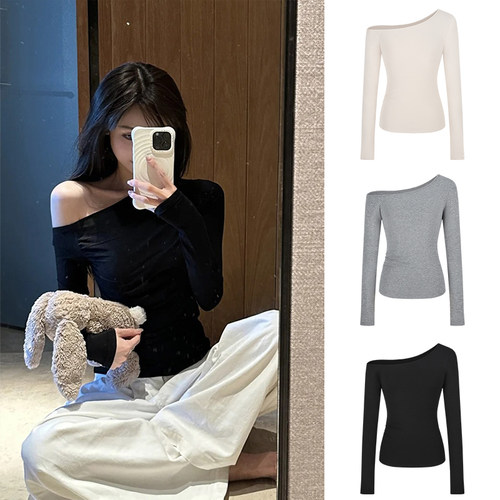 纯欲斜领露肩长袖t恤女修身显瘦
