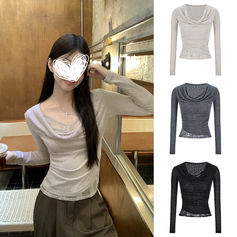MosesQueen魔西女王拼接蕾丝荡领长袖t恤女内搭打底衫假两件上衣,女装/女士精品,T恤,淘宝优惠券,粉丝福利购,淘宝优惠卷