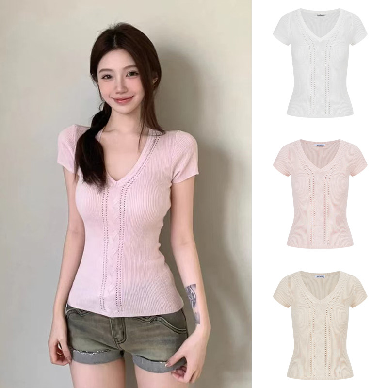 MosesQueen魔西女王粉色镂空麻花针织短袖t恤夏季修身显瘦v领上衣