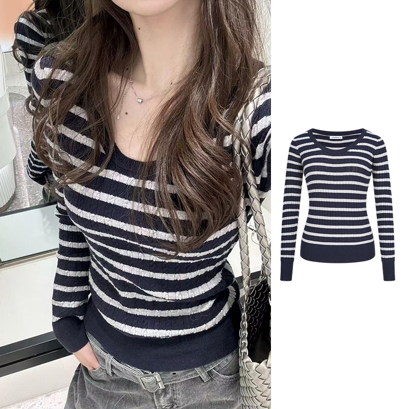 MosesQueen魔西女王条纹麻花针织衫春季内搭毛衣修身长袖打底上衣