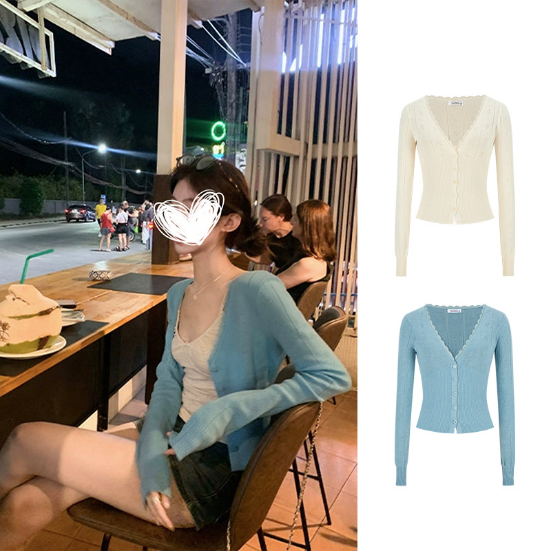 MosesQueen魔西女王蓝色缕空针织开衫女春秋外搭披肩v领外套上衣