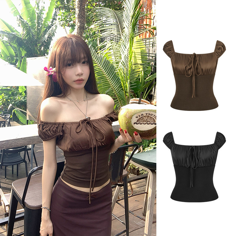 MosesQueen魔西女王咖色一字肩短袖t恤修身显瘦系带露肩短款上衣