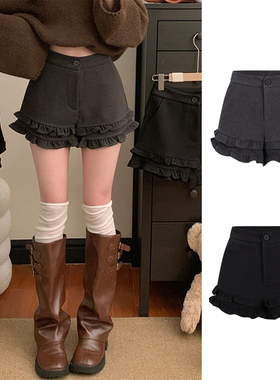 MosesQueen魔西女王灰色荷叶边毛呢短裤秋冬外穿加厚高腰a字靴裤
