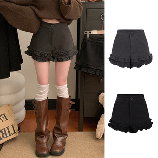 MosesQueen魔西女王灰色荷叶边毛呢短裤秋冬外穿加厚高腰a字靴裤