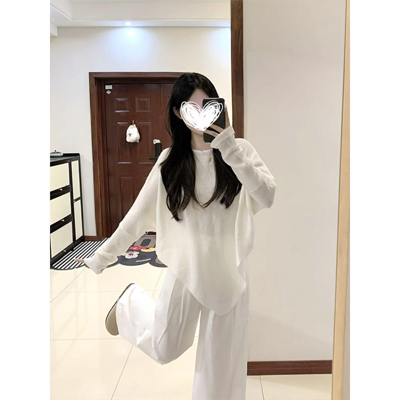MosesQueen魔西女王不规则蝙蝠袖针织衫宽松斜肩毛衣套头露肩上衣