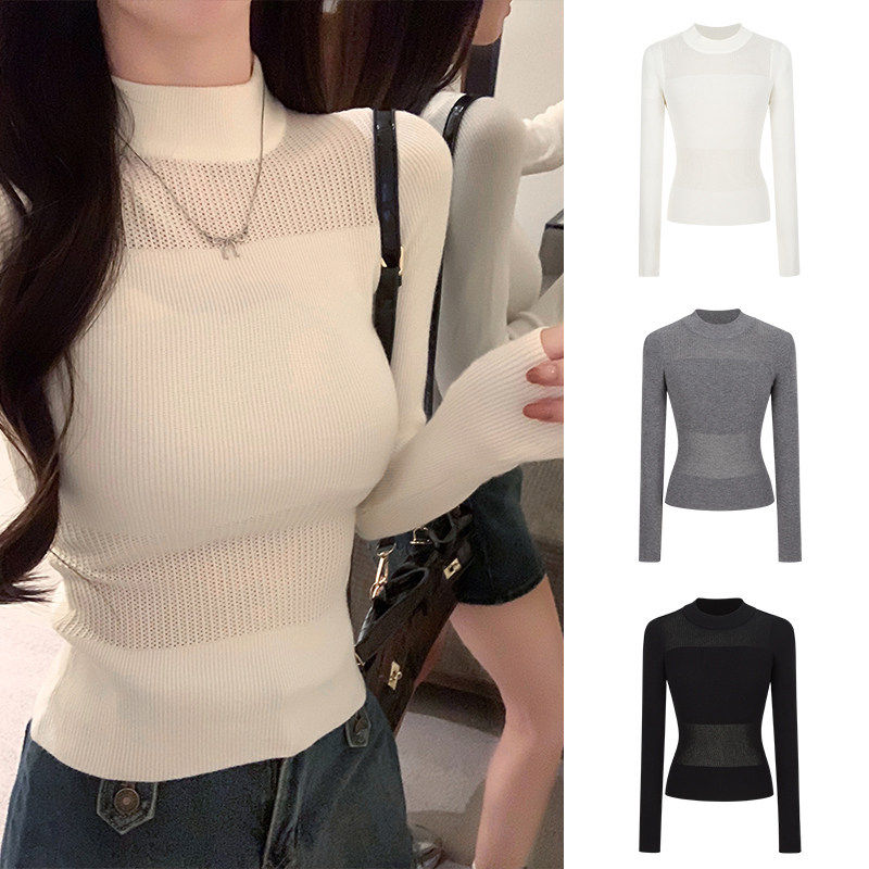 MosesQueen魔西女王半高领缕空针织打底衫女秋冬内搭毛衣长袖上衣