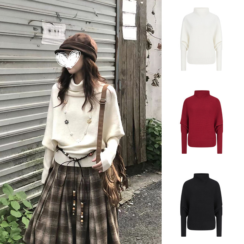 MosesQueen魔西女王米白色堆堆领毛衣秋冬软糯宽松蝙蝠袖针织上衣
