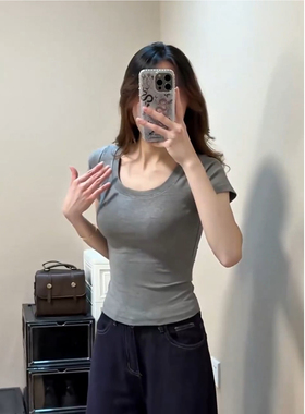 MosesQueen魔西女王灰色大U领正肩短袖t恤女夏季修身显瘦短款上衣