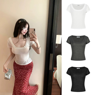 辣妹正肩上衣 薄款 MosesQueen魔西女王纯欲微透白色短袖 t恤女夏季