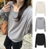 MosesQueen魔西女王灰色长袖 t恤女秋宽松内搭圆领蝙蝠袖 打底上衣
