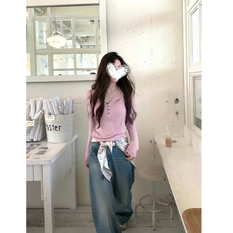 MosesQueen魔西女王粉色亨利领长袖t恤春秋冬内搭打底衫修身上衣