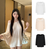 MosesQueen魔西女王纯欲斜肩长袖 上衣 宽松露肩蝙蝠袖 t恤薄款 罩衫