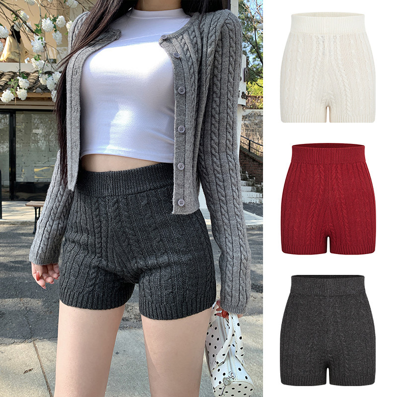 MosesQueen魔西女王灰色麻花针织短裤女外穿包臀热裤紧身高腰靴裤