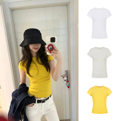 MosesQueen魔西女王美式 显瘦圆领上衣 修身 黄色正肩短袖 t恤女夏季