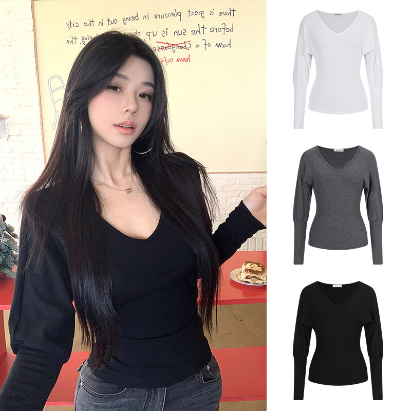 MosesQueen魔西女王蝙蝠袖v领长袖t恤春秋收腰显瘦内搭打底衫上衣,女装/女士精品,T恤,淘宝优惠券,粉丝福利购,淘宝优惠卷