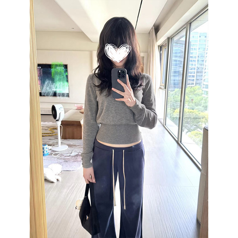 MosesQueen魔西女王灰色长袖针织衫内搭毛衣套头收腰显瘦圆领上衣