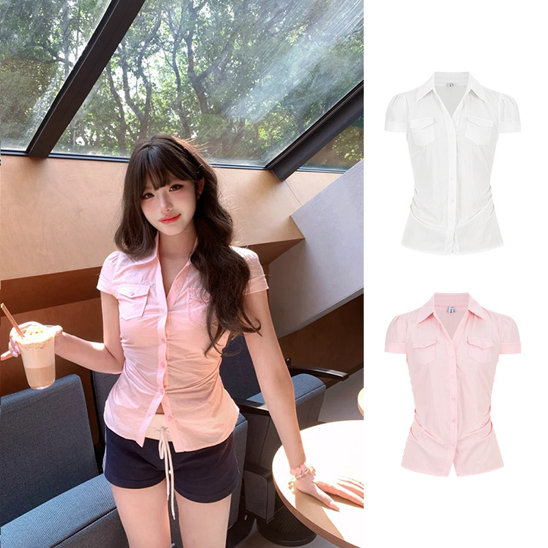 MosesQueen魔西女王粉色短袖衬衫女夏季褶皱掐腰衬衣修身显瘦上衣