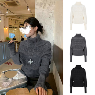 MosesQueen魔西女王蝙蝠袖麻花高领毛衣女秋冬收腰显瘦针织衫上衣